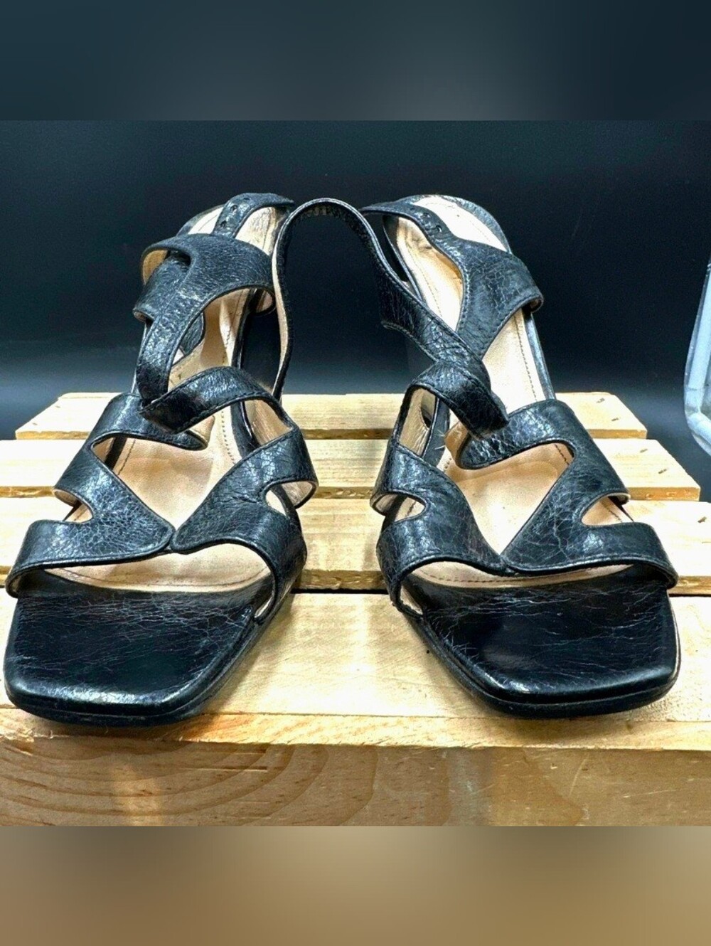 PRADA Textured Black Leather Strappy Cut Out Cage Wedge Sandals, COA, sz 8